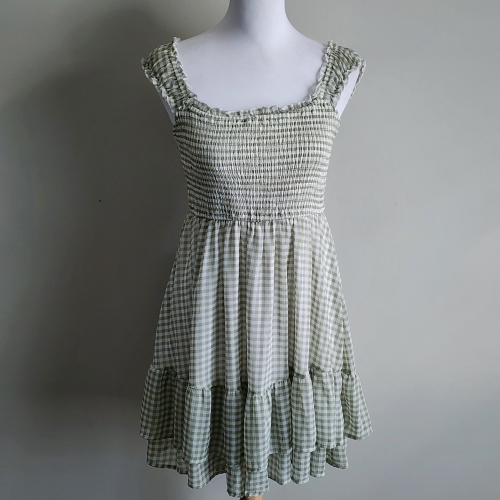 Gingham Smocked Mini Dress Womens Large Green Ruffle Tiered Cottagecore Prairie